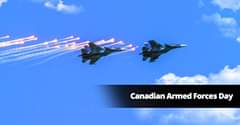Image may contain: cloud, sky, airplane and outdoor, text that says 'Canadian Armed Forces Day'