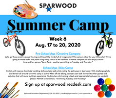 Image may contain: text that says 'SPARWOOD Summer Camp Week 6 Aug. 17 to 20, 2020 going make time and games. Age Creative Campers those little minds very the rainbow weather permitting artist. campers enjoy Tuesday and Thursday.* Cyclists will improve bike handling skills terrain around this camp experience stay Camp while pathways biking, campers wheels and Sparwood. challenging forward other games and *Swimming Sign up at sparwood.recdesk.com Department 250 425.0552 recoffice@sparwood.ca ww.sparwood.ca'