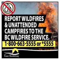 Image may contain: text that says 'REPORT WILDEIRES & UNATTENDED CAMPFIRES TO THE Bc WILDFIRE SERVICE. 1-800-663-5555 or *5555 Regional Districto East Kootenay'