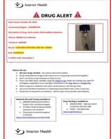 Image may contain: text that says 'Interior Health Issued: October 29, DRUG ALERT Community/ CRANBROOK Description of drug: Dark purple /black pebbly substance as: MDMA Cranbrook Tested ANKORS Result: CONTAINS FENTANYL AND NO MDMA Risk: OVERDOSE November Reduce the using service information time using drugs and someone while alone, consider using the emergency you using your how espond which can connect with the Google Play. slow. Supervised Site, near you. call 911 give escue breaths and naloxone. Naloxone Kits and Training available tunaxa Nation Drug checking available ANKORS (health clinic Public Health Health Substance Use Locations located throughout Cranbrook https:/wrtheheart.com/ite-finder North 250-489-4344 www.drugchecking.ca Interior Health'