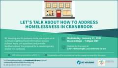 Image may contain: text that says "SHELTER LET'S TALK ABOUT HOW TO ADDRESS HOMELESSNESS IN CRANBROOK BC Housing and its partners invite you to join us at virtual neighbourhood information session to learn more, ask questions and provide feedback about the proposal for a new temporary shelter in Cranbrook. Wednesday, January 13, 2021 from 6:00pm 7:30pm MST LIVE online presentation Q+A. Register for the event at LetsTalkHousinBCcalranbrook16-ave sitlestakhkusinbc.ca/rnbok-16-av or email communityrelations@bchousing.org to ask questions and submit → Presentation will be recorded and can be viewed any time after the event. BC HOUSING"