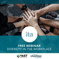 May be an image of wrist watch and text that says "ita FREE WEBINAR DIVERSITY IN THE WORKPLACE VAST RESOURCES OLUTIONS cranbrook chamber of commerce"