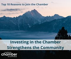 May be an image of mountain, sky and text that says "Top 10 Reasons to Join the Chamber Investing in the Chamber Strengthens the Community cranbrook chamber of commerce"