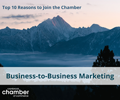 May be an image of mountain and text that says "Top 10 Reasons to Join the Chamber Business-to-Business Business Marketing cranbrook chamber of commerce"