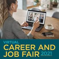 May be an image of one or more people and text that says "COLLEGE OF THE ROCKIES VIRTUAL CAREER AND JOB FAIR 2021"